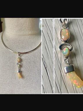 Ethiopian opal triple stone pendant and chain, stamped 925 sterling silver